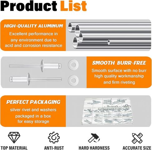 16Sizes Pop Rivets Kit 3/32 1/8 5/32 3/16 1/4 Inch Silver Aluminum Blind Rivet Assortment Set with Stainless Steel Washers (Pack of 130PCS) in Saudi Arabia