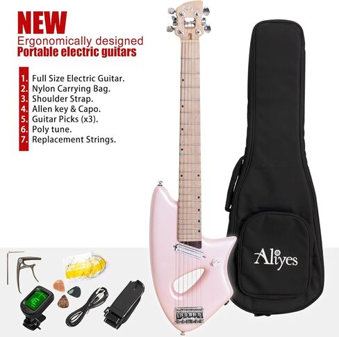 جيتار كهربائي خفيف من Aliyes للسفر، مقياس كامل 24 3/4 بوصة للتمرين، ضوء ريش جيتار صغير الحجم محمول، حقيبة أزعج الجسم من الخشب الصلب، جميع الملحقات (وردي) in Kuwait