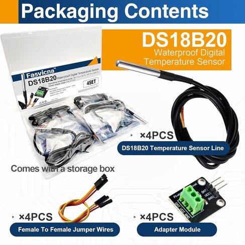 4 عبوات DS18B20 مسبار مستشعر درجة الحرارة المقاوم للماء، مستشعر رقمي من الفولاذ المقاوم للصدأ مع كابل محول، متوافق مع Arduino، Raspberry Pi، ESP32 in Kuwait