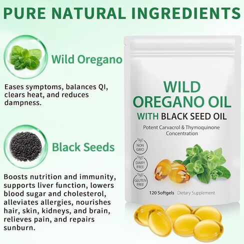 Oil of Oregano with Black Seed Oil 200mg, 6000mg Oregano Oil Capsules, 120 Count, Natural Antioxidants, Non-GMO, Gluten Free, High Carvacrol & Thymoquinone for Immune Support in Kuwait