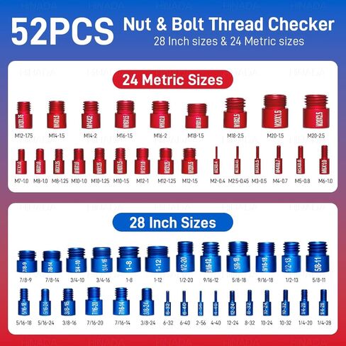 52PCS Nut and Bolt Thread Checker, 28 Inch & 24 Metric Box Set Thread Gauge, Thread Checker Kit in Standard and Metric Suitable for Nut Bolt Size Finder on Tricky and Narrow Area in Kuwait