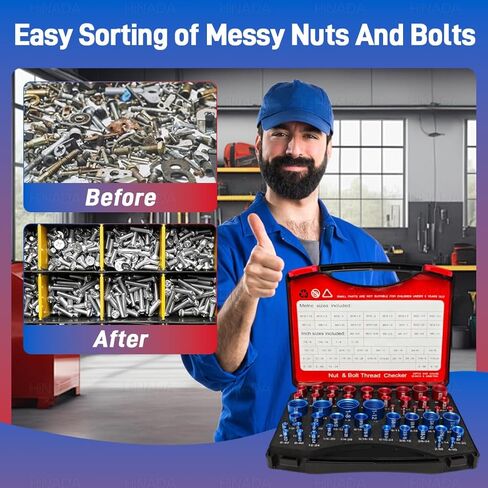 52PCS Nut and Bolt Thread Checker, 28 Inch & 24 Metric Box Set Thread Gauge, Thread Checker Kit in Standard and Metric Suitable for Nut Bolt Size Finder on Tricky and Narrow Area in Kuwait