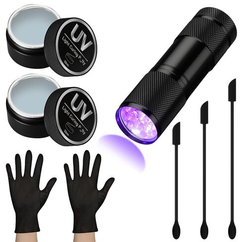 Hortsun 16 Pcs UV Light Curing Putty Kit for 3D Print and Models, 395nm UV Flashlight, Disposable Gloves, Silicone Applicator Resin Clay Kit for Craft Model Repair, White, 100g (Classic) in Saudi Arabia