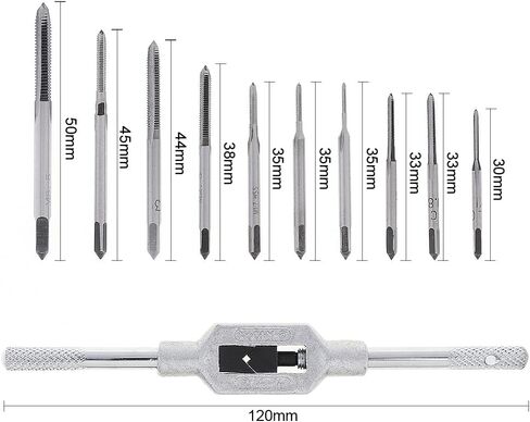11pcs Mini Tap Wrench Set Metric Tap Set with High Speed Steel Hand Screw Thread Plug Taps M1 M1.2 M1.4 M1.6 M1.7 M1.8 M2 M2.5 M3 M3.5 Adjustable Tap Wrench for Woodworking Machinery Repair in Saudi Arabia