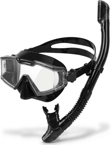 مجموعة غص، قناع غوص بمنظر بانورامي بزاوية 180 درجة، قناع غوص مضاد للضباب مع حماية من الأشعة فوق البنفسجية، معدات غطس مضادة للتسرب مع غص علوي جاف للغوص والغطس والسباحة للبالغين باللون الأسود in Kuwait