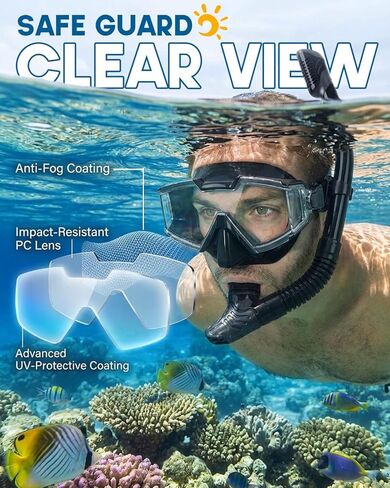 مجموعة غص، قناع غوص بمنظر بانورامي بزاوية 180 درجة، قناع غوص مضاد للضباب مع حماية من الأشعة فوق البنفسجية، معدات غطس مضادة للتسرب مع غص علوي جاف للغوص والغطس والسباحة للبالغين باللون الأسود in Kuwait
