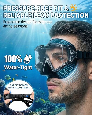 مجموعة غص، قناع غوص بمنظر بانورامي بزاوية 180 درجة، قناع غوص مضاد للضباب مع حماية من الأشعة فوق البنفسجية، معدات غطس مضادة للتسرب مع غص علوي جاف للغوص والغطس والسباحة للبالغين باللون الأسود in Kuwait