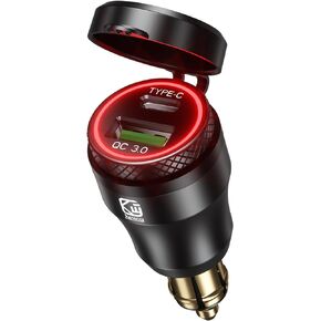 Kewig الألومنيوم DIN Hella Plug إلى Dual QC3.0 USB & Type-C شاحن سريع محول مقاوم للماء لـ 12V-24V BMW Ducati Triumph Motorcycle Hella DIN المقبس (أسود مع ضوء أحمر)