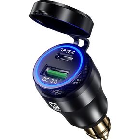 Kewig Aluminum DIN Hella Plug to Dual QC3.0 USB & Type-C Quick Charger Waterproof Adapter for 12V-24V BMW Ducati Triumph Motorcycle Hella DIN Socket (Black with Blue Light)