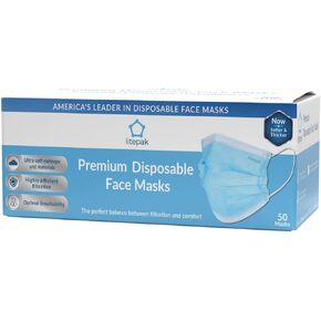 50pcs Litepak Disposable Face Mask Thickness Comfort Earloops (Sky Blue, 50 Masks (1 Box))