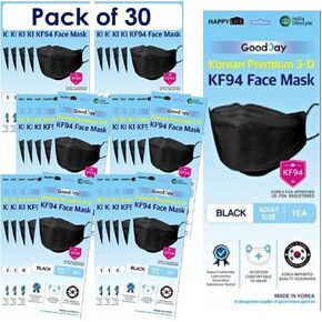 (30PCS) Good Day KF94 Black Face Masks, 4-Layer Filters Breathable Comfortable Nose, Made in Korea.