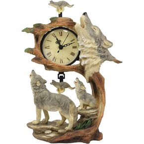 Ebros Moon Dancers Howling Gray Wolves Family Table Clock with Pendulum Alpha Wolf and Cub by Tree Forest Habitat Desktop Clocks Figurine