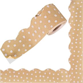 66Ft Kraft Paper Bulletin Board Border White Dots Classroom Borders Neutral Rustic Self Adhesive Scalloped Trim Border Stickers Roll for School Classroom Office Home Party Decor
