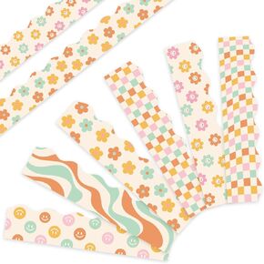 Whaline 82Ft Retro Groovy 70s Bulletin Board Borders Pastel Flower Face Checkered Decoration Borders Boho Trim Border Classroom Office Party Decor