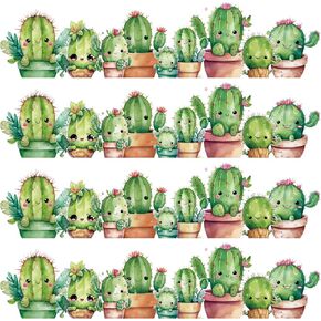 Summer Cactus Bulletin Board Borders Watercolor Cactus Self-Adhesive Border Trims Cute Cartoon Decorative Border Sticker Decals for School Classroom Home Office Party Decor, 72Pcs