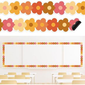 Whaline 24Pcs Groovy Retro Hippie Flower Magnetic Bulletin Board Border Colorful Flower Magnetic Strips Border Trim for Office Classroom Decor
