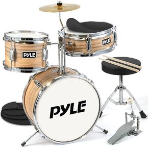 Pyle 13'' 3-Piece Kids/Junior Metallic Striped Yellow Matt Set with Throne, Cymbal, Pedal, Bass Drum, Tom and Drumsticks (PDRMKIT72N.5)