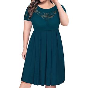 Women's Plus Size Short Sleeve Lace Midi Dress Pleated Casual Summer Flowy Dress with Pockets