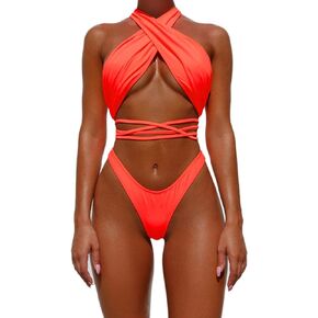 JUMISEE Women's Neon Shiny Hologram Strappy Bikini Sexy Halter Wrap Around Swimwear Thong Bathing Suit for Rave Party
