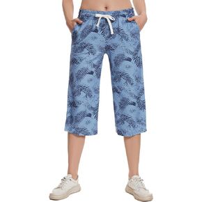 SPECIALMAGIC Women Capri Pants Capri Sweatpants Yoga Cotton Wide Leg Pajama Pants 17-Blue Leaves Waffle Large