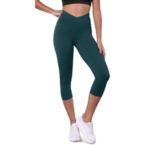 ODODOS Women's Cross Waist Yoga Capris with Inner Pocket, 21" Inseam Gathered Crossover Workout Cropped Yoga Pants