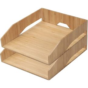 MobileVision 2 Pack Stackable Bamboo Paper Tray Office Organizer for Files, Documents, Letter Sorter, Envelopes and Magazine Holder