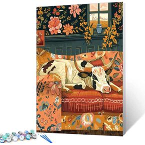 Fox Sitting on Sofa Paint by Number Cute Animal Retro Style Painting DIY Painting on Canvas with Brushes Acrylic Paints Paint by Numbers for Adults and Kids Beginner DIY Kit 16x20 Inch（without Frame）