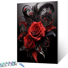 Tucocoo Red Rose and Raven DIY Paint by Number for Adults Beginners Delicate Flowers Painting by Number on Canvas with Brushes and Acrylic Pigment Dark Style Easy to Paint Without Frame 16 x 20inch