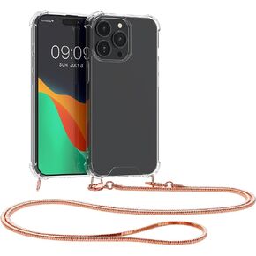 حافظة kwmobile متوافقة مع هاتف iPhone 15 Pro Max - حافظة كروس شفافة وغطاء هاتف من مادة TPU مع حزام سلسلة معدنية - شفاف/ذهبي
