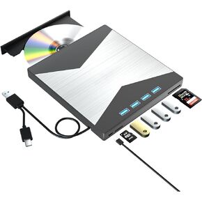 7 in 1 External DVD CD Drive, DVD Player for Laptop USB 3.0 & Type-C, Portable CD/DVD +/-RW Disk Drive, CD/DVD Burner CD ROM External Drive for Laptop Desktop PC Windows 7/8/10/XP Mac Pro/Air Linux