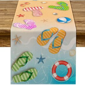 Summer Beach Table Runner Flip Flops Seaside Themed Birthday Seasonal Holiday Party Kitchen Dinning Room Home Decoration (13" x 48")