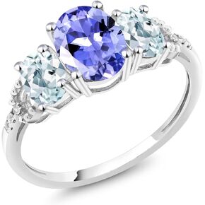 Gem Stone King 10K White Gold Oval Blue Tanzanite Sky Blue Aquamarine and Diamond Accent 3-Stone Women Engagement Ring (2.07 Cttw, Gemstone Birthstone)