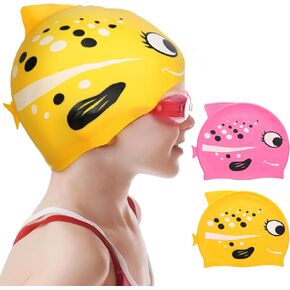 2 Pack Kids Swim Caps for Age 3-10, Durable Silicone Swimming Cap for Boys Girls Youths, Comfortable Fit for Short/Medium Hair, 2 Colors
