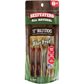 Beefeaters Dog Treats - 12in Bully Sticks, 6ct | All-Natural, Highly Digestible | Dog Food Promotes Dental Health | No Additives or Preservatives | Training Treats for All Dog Sizes