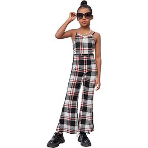 WDIRARA Girl's Plaid Print Spaghetti Strap Sleeveless Flare Leg Cami Jumpsuits