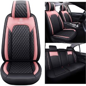 أغطية مقاعد Aierxuan للسيارات النسائية المصنوعة من الجلد المقاوم للماء تناسب عالمي لسيارة Hyundai Elantra Sonata Ford Forte Honda Civic CRV Toyota Corolla 4Runner Rav4 Highlander Hybrid (مجموعة كاملة، أسود-بيج)