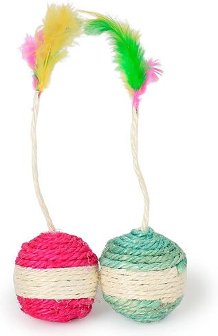 لعبة خدش القطط، كرة خدش السيزال، قطعتان من كرة حبل الخدش للقطط مع كرة حبل السيزال من الريش، ألعاب الحيوانات الأليفة للقطط الصغيرة في الأماكن المغلقة لطحن المخالب واللعب in Kuwait