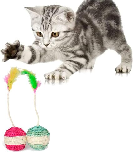 لعبة خدش القطط، كرة خدش السيزال، قطعتان من كرة حبل الخدش للقطط مع كرة حبل السيزال من الريش، ألعاب الحيوانات الأليفة للقطط الصغيرة في الأماكن المغلقة لطحن المخالب واللعب in Kuwait