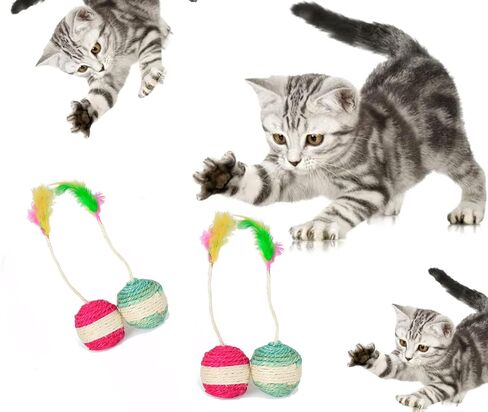 لعبة خدش القطط، كرة خدش السيزال، قطعتان من كرة حبل الخدش للقطط مع كرة حبل السيزال من الريش، ألعاب الحيوانات الأليفة للقطط الصغيرة في الأماكن المغلقة لطحن المخالب واللعب in Kuwait