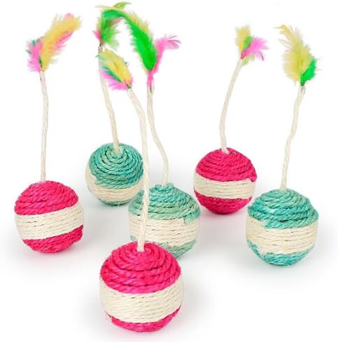 لعبة خدش القطط، كرة خدش السيزال، قطعتان من كرة حبل الخدش للقطط مع كرة حبل السيزال من الريش، ألعاب الحيوانات الأليفة للقطط الصغيرة في الأماكن المغلقة لطحن المخالب واللعب in Kuwait