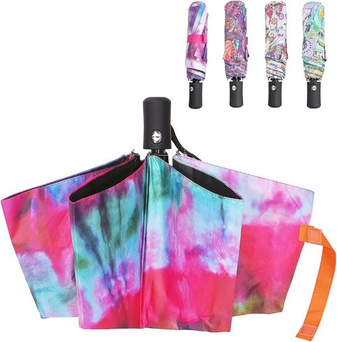 Tie-Dye Umbrella for Women, Anti-UV Protection Automotic Folding Umbrella 35 in, Portable Travel Umbrella for Sun & Rain in Saudi Arabia