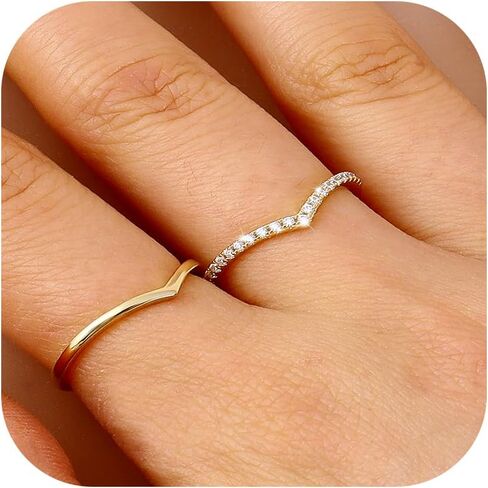 Dochais 2PCS خواتم فضية للنساء 925 الفضة الاسترليني 14K مطلية بالذهب خاتم الترقوة غير تشويه العصابات الزفاف تكويم لذيذ على شكل V خواتم تشيكوسلوفاكيا خواتم الزفاف وعد خاتم الخطوبة 5-10 in Kuwait