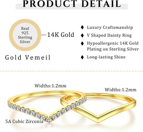 Dochais 2PCS خواتم فضية للنساء 925 الفضة الاسترليني 14K مطلية بالذهب خاتم الترقوة غير تشويه العصابات الزفاف تكويم لذيذ على شكل V خواتم تشيكوسلوفاكيا خواتم الزفاف وعد خاتم الخطوبة 5-10 in Kuwait