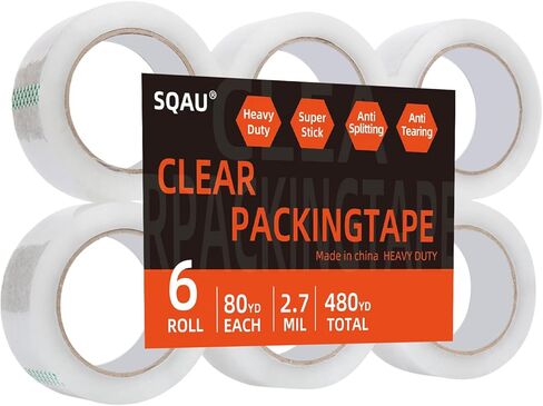 شريط تغليف شفاف 6 بكرات، 1.88 بوصة × 80 ياردة، إجمالي 480 ياردة، سمك 2.7 مل، شريط تعبئة عالي التحمل للشحن والتغليف والختم المتحرك in Kuwait