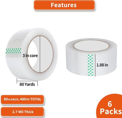 شريط تغليف شفاف 6 بكرات، 1.88 بوصة × 80 ياردة، إجمالي 480 ياردة، سمك 2.7 مل، شريط تعبئة عالي التحمل للشحن والتغليف والختم المتحرك in Kuwait