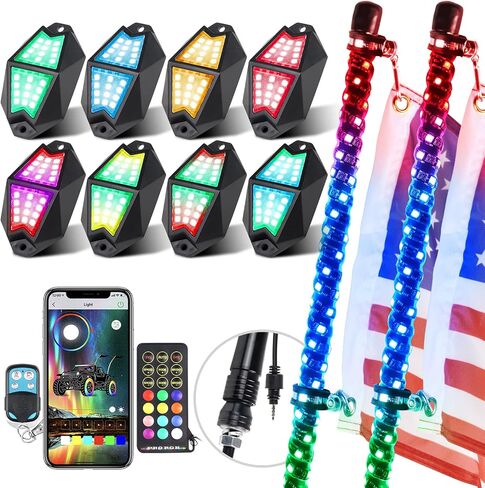 2PCS 3FT UTV Whip Lights and 4Pods Rock Lights Combo with APP & Remote Control Chasing Color Offroad Warning Lighted Antenna Whips and Neon Lights Kit in Saudi Arabia
