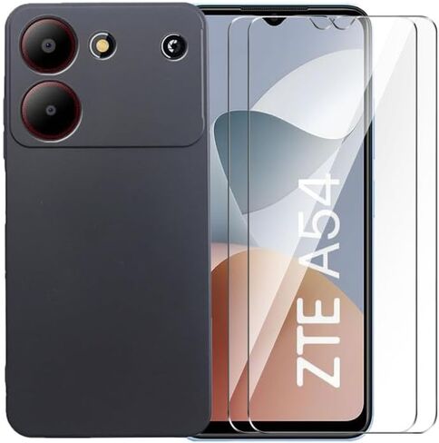 Case for ZTE Blade A54 + Glass Screen Protector Tempered Film - Transparent Silicone Soft Flexible Bumper Shockproof TPU Protective Cover Shell for ZTE Blade A54 (Black) in Saudi Arabia