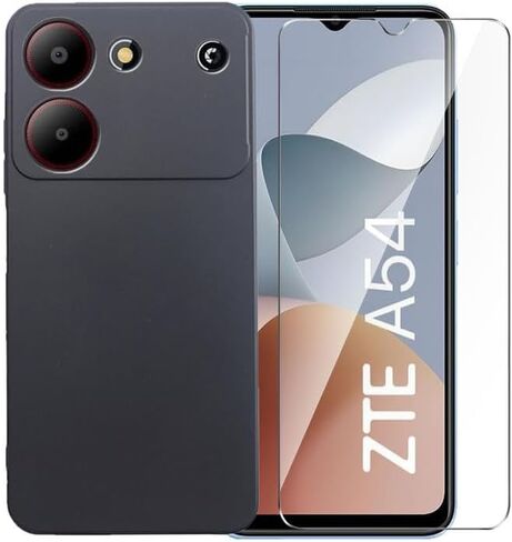 Case for ZTE Blade A54 + Glass Screen Protector Tempered Film - Transparent Silicone Soft Flexible Bumper Shockproof TPU Protective Cover Shell for ZTE Blade A54 (Black) in Saudi Arabia