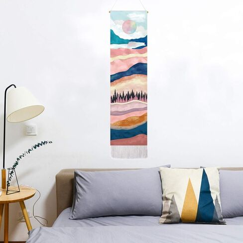 Mountain Tapestry Moon Starry Night Sky Tapestries Forest Tree Lake Tapestry Nature Landscape Tapestry for Room (Navy Blue, 12.8 x 51.2 inches) in Kuwait