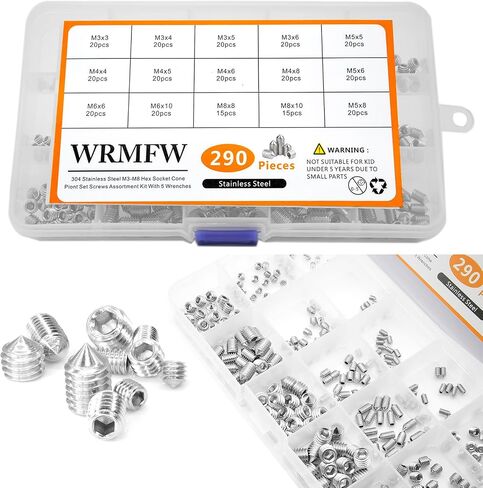 290pcs Metric Set Screws Assortment Kit, M8 M6 M5 M4 M3 Screw Set, Stainless Steel Hex Socket Cone Point Allen Screws for Bathroom Fixtures, Shower Door Handles Replacement, and More in Saudi Arabia